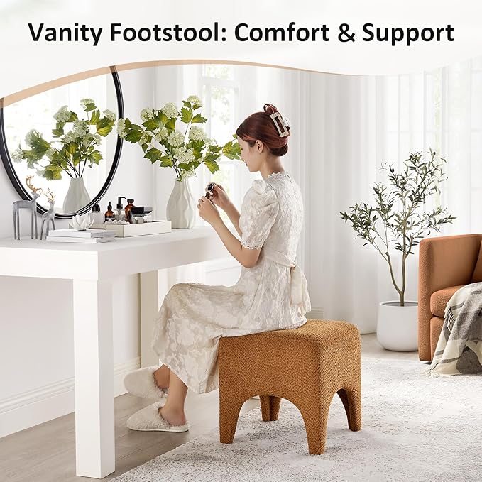 17" Boucle Modern Square Foot Stool Ottoman, Vanity Stool for Makeup, Rectangle Foot Rest for Couch, Upholstered Ottoman Stool for Living Room, Bedroom, Entryway (2, Curry)