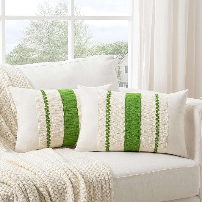 Fancy Homi Set of 2 Boho Lime Green Lumbar Decorative Throw Pillow Cover 12x20 Inch for Couch Bed Sofa Chair, Modern Organic Farmhouse Home Decor, Soft Cotton Cute Accent Rectangle Cushion Case