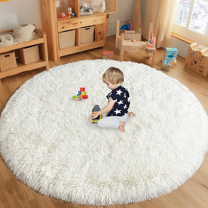 Round White Rug for Bedroom, 6 ft Circle Area Rugs for Living Room, Soft Fluffy Shag Carpet for Teen Girls Boys Nursery Room Dorm Home Decor Aesthetic