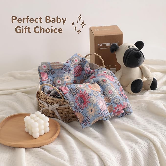 NTBAY 4 Layer Muslin Cotton Toddler Blanket, 30x40 Soft and Breathable Receiving for Newborns and Infants, Perfect for Crib, Stroller, Travel, Lightweight Nursery Blanket, Boho Flower