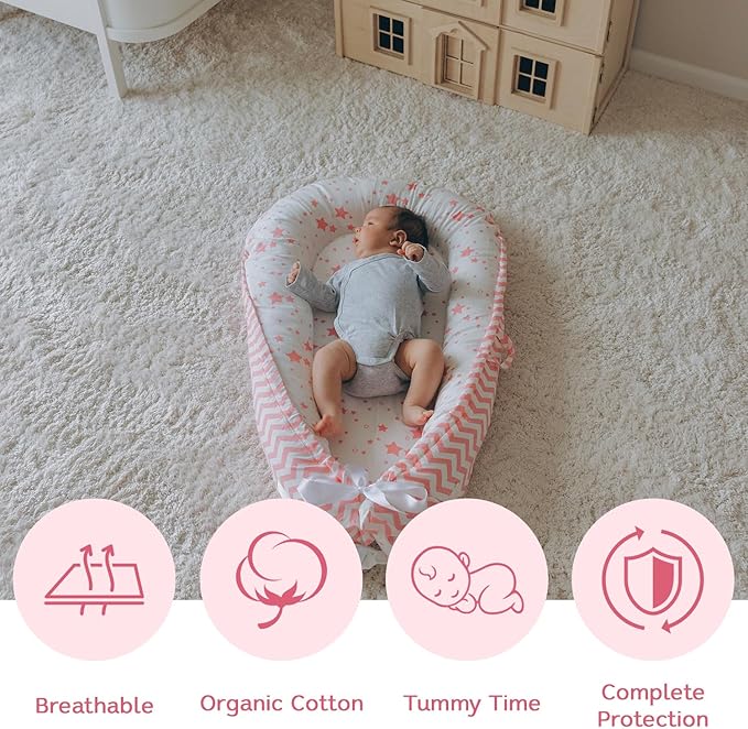 Baby Lounger | Organic Cotton Infant Lounger | Reversible, Adjustable & Portable Floor Lounger | Supervised Use | Soft, Breathable, Washable Cover - Star Collection (Pink)