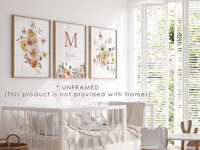 Personalized Name Flower Nursery Wall Art Prints, Crib & Nursery décor, Newborn Baby Girl Gift Present, Floral Baby Girl Room Pictures, Poster For Baby And Kids (3 Prints, Flower 8)