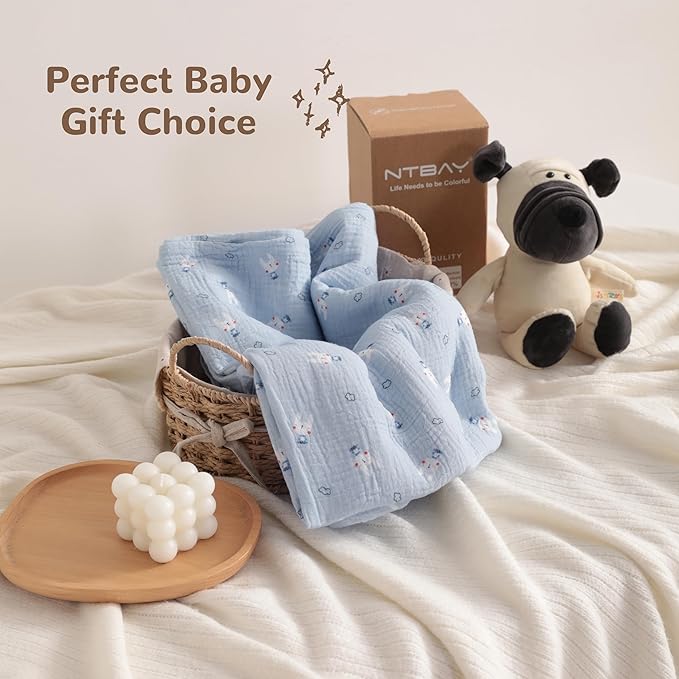 NTBAY 2 Layer Muslin Cotton Baby Swaddle Blanket, 30x40 Soft and Breathable Receiving for Newborns and Infants, Perfect for Crib, Stroller, Travel, Lightweight Nursery Blanket, Cloudy Bunny