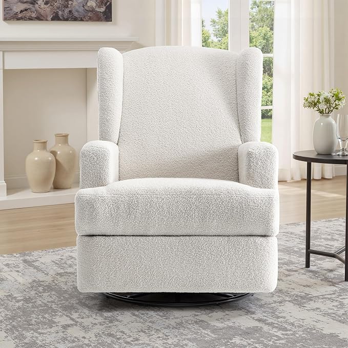 UIXE Swivel Glider Recliner Chair for Adults, Boucle High Back Accent Chair Nursery Rocker for Living Room, Upholstered Manual Reclining Sofa Seating with Deep Seat - Beige