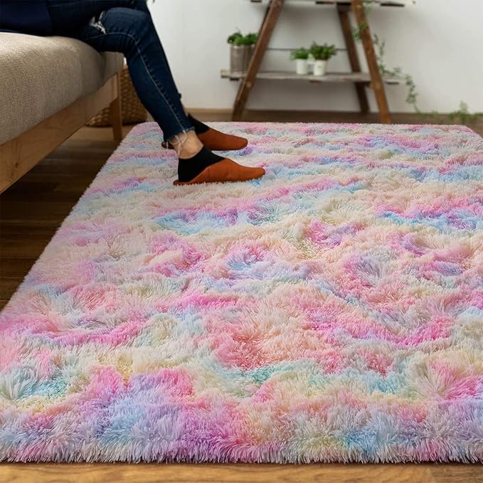 DweIke Fluffy Rainbow Rugs for Bedroom Living Room, 5x8 Large Soft Plush Shaggy Colorful Pink Girls Boys Kids Rug, Non-Slip and Machine Washable Carpet for Dorm Nursery Classroom Decor