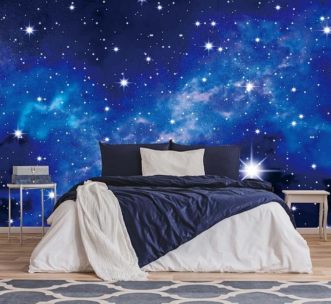 Galaxy Universe Ceiling Wallpaper Blue Starry Sky and Nebula Wall Mural Living Room Bedroom（Not Self-Adhesive）