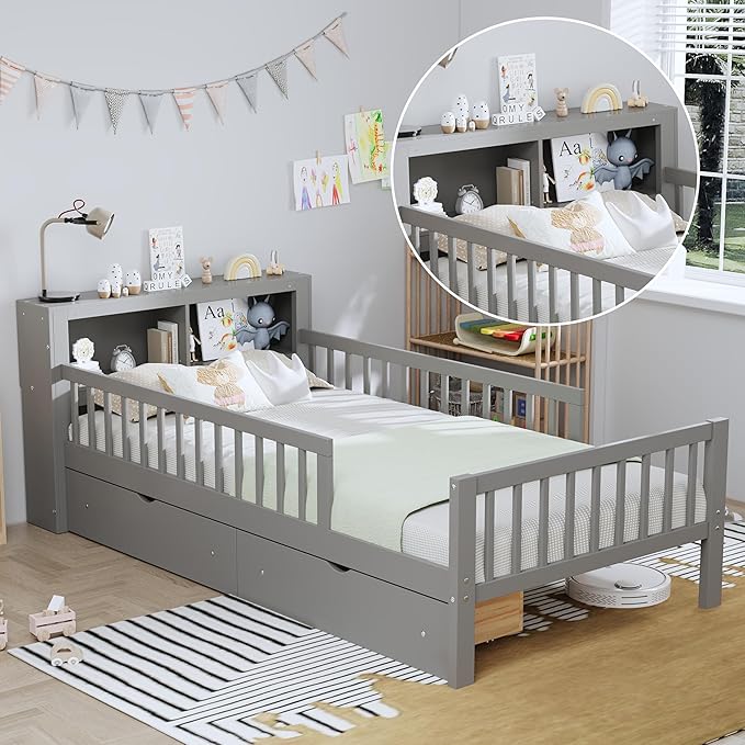 Wood Twin Size Platform Bed with Safety Fence for Kids Boys Girls, Platform Bed Frame with Practical Headboard and 2 Under-Bed Drawers, Sturdy Slats Support (Gray-3.15)