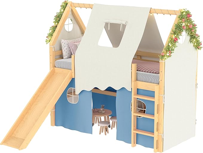 Playhouse Design Twin Size Loft Bed with Slide & Tent, Solid Wood Tent Bed Frame for Kids Boys Girls, Versatile Spacious Under Bed Space, Chic Design with Lights (Natural+Blue-Twin)