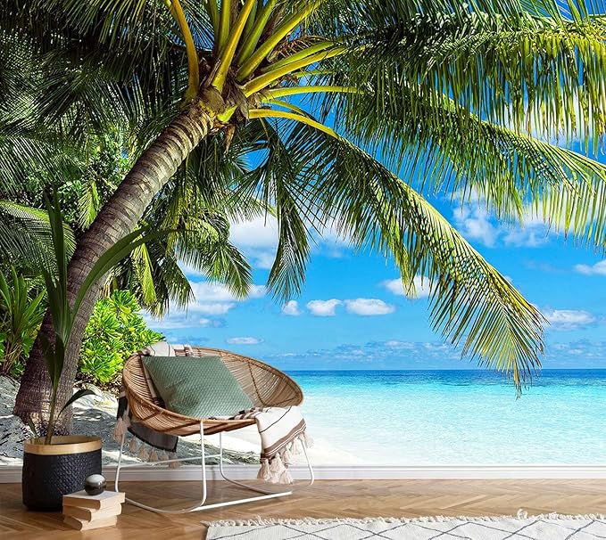 AFZEVEB-Beach Wall Mural Tropical Palm Tree Landscape Wallpaper for Bedroom 114"x74"(Not Peel and Stick)