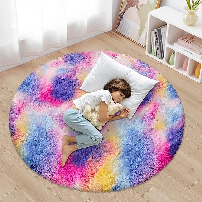 4x4 ft Pink Rainbow Round Fluffy Rug for Girls Bedroom,Colorful Soft Shaggy Circular Area Rug Kids Cute Fuzzy Carpet Furry for Living Room Nursery Playroom Room Unicorn Decor Reading Nook Mat