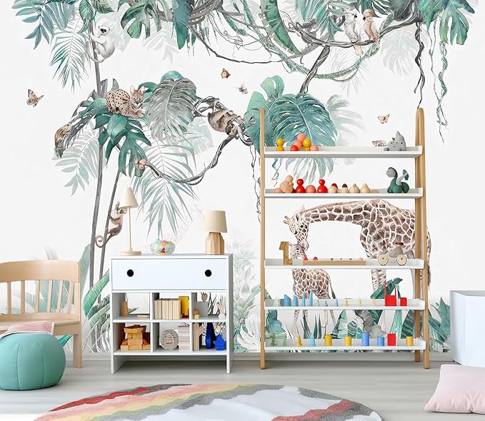XMPMBM-Tropical Rainforest Plant Animals Wallpaper Nursery Room Cartoon Banana Leaf Botanical Wall Mural-W 154" X H 105"（112 Square Foot）