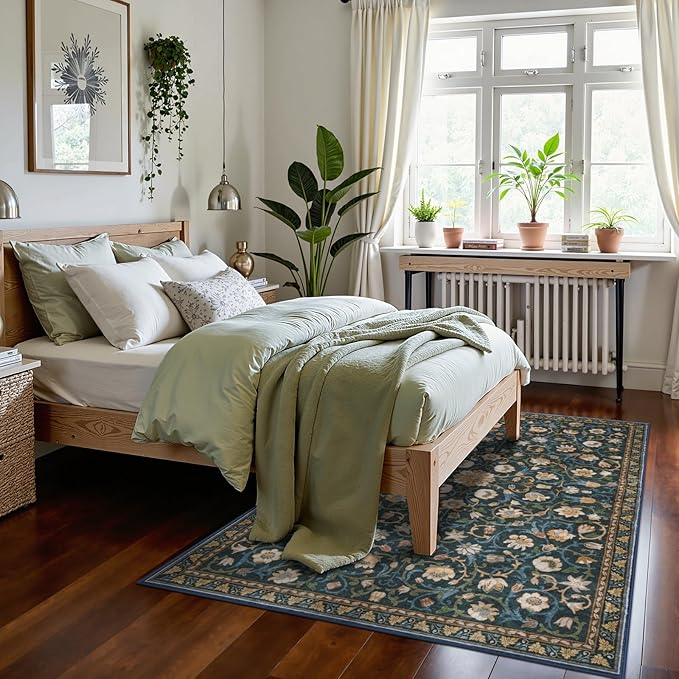 Anidaroel Floral Print Area Rug 5x7, Washable Dark Green Rugs for Living Room, Non Slip Soft Large Rugs for Bedroom, Stain Resistant Dining Room Mat Indoor Floor Carpet for Dorm