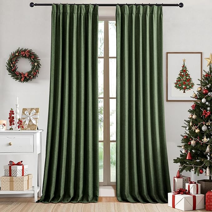 IVAPUPU Linen Pinch Pleated 100% Blackout Curtains for Bedroom - 2 Pages Black Out Green Curtains 108 Inch Long 2 Panel for Living Room Darkening Thermal Window Curtain Drapes with 16pc Hooks