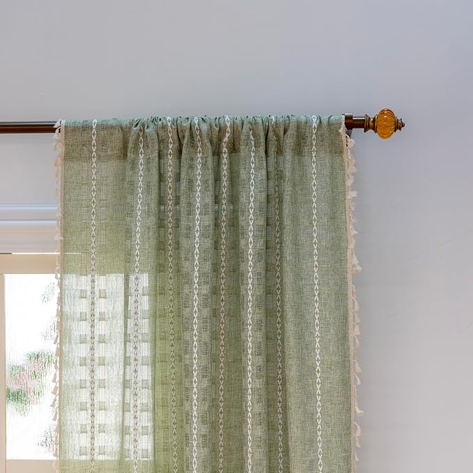 Deeprove Sage Green Boho Curtain 96 inches Length for Living Room Bedroom Nursery Doorway, Sheer Bohemian 96 inches Long Stripe Embroidery Privacy Window Fringe Christmas Decor W52 x L96, 1 Panel