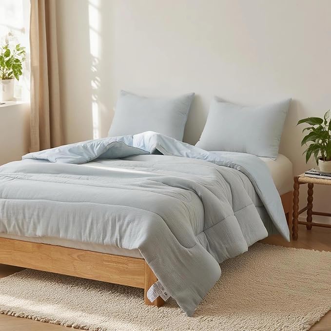 Simple&Opulence 100% Cotton Muslin Comforter Set Twin Size, 2PCS Washed Cotton Gauze Comforter, Soft Lightweight All Seasons Bedding Sets with 1 Pillow Sham(Light Blue,Twin)