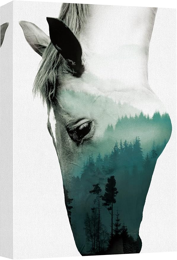 SIGNWIN Canvas Wall Art A Wild Horse and Foggy Mountain Double Exposure Photography Animals Wildlife Digital Art Modern Art Rustic Portrait Edgy for Living Room, Bedroom, Office - 24x36 inches