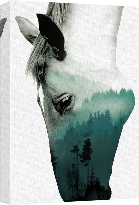 SIGNWIN Canvas Wall Art A Wild Horse and Foggy Mountain Double Exposure Photography Animals Wildlife Digital Art Modern Art Rustic Portrait Edgy for Living Room, Bedroom, Office - 12x18 inches