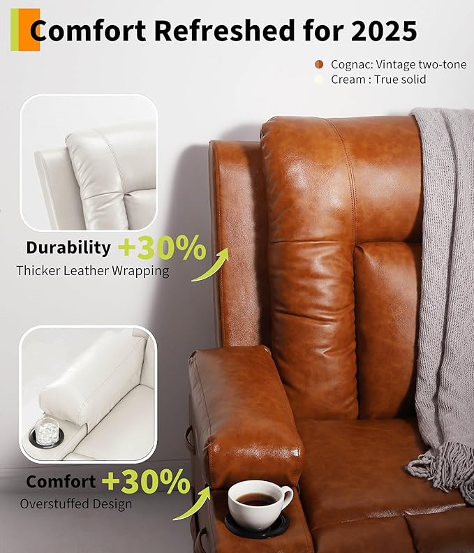 GarveeHome Power Recliner Chair - Heat and Massage, Adjustable Electric Recliner Ergonomic PU Leather Single Sofa, Tall Back, Padded Seat, Lazy Chair for Living Room