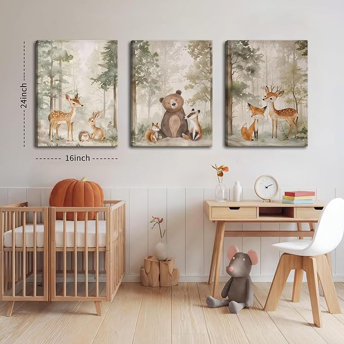 Nursery Canvas Wall Art Set of 3 - Woodland Wild Animals Bear Fox Deer Watercolor Paintings Pictures Wall Decor, Forest Animal Decor for Boys Girls Room Decoration 16x24 inch Framed
