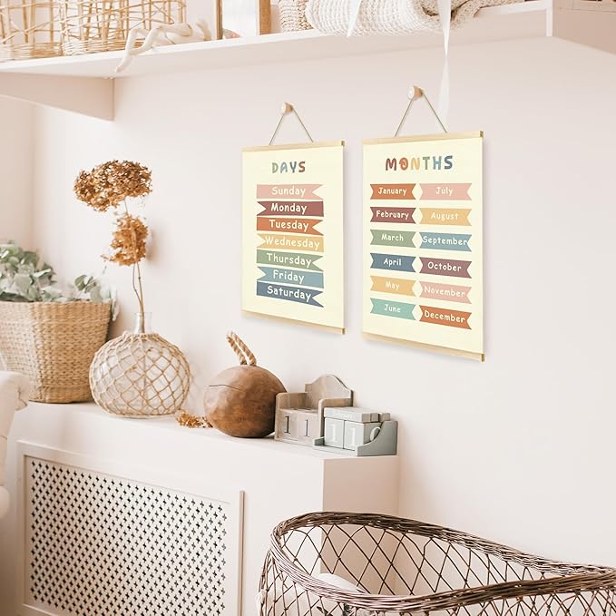 CGBHW Boho Educational Poster Hanger Frame Set of 2, Days of the Week Months of Year Learning Posters Wall Art Hanging Decor for Classroom Nursery Kids Room Playroom Preschool，12x16Inch