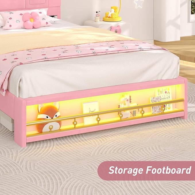 Twin Bed Frames with Storage Headboard,Twin Size Platform Bed for Girls/Kids,Velvet Upholstered Princess Bed Frame Twin,Charging Station&LED Lights,No Box Spring Needed/Noise-Free/Easy Assembly,Pink