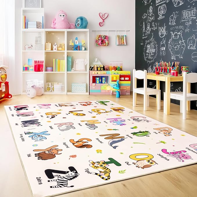Kids Rugs for Playroom, 7x9 Feet Educational Rug for Learn The ABC Alphabet, Soft Machine Washable Non-Slip Cute Cartoon Animals Carpet for Classroom Toddler Nursery Kids Room Decor, Beige