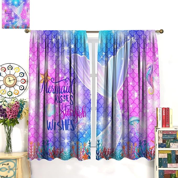 Kids Fantasy Mermaid Curtains Dream Colorful Mermaid Fish Tail Scale Fantasy Ocean Theme Window Treatment for Girls Bedroom Nursery Room Decor Window Drapes 72" W X 63" L