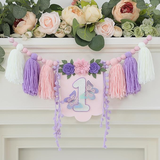 Handmade Butterfly Wildflower 1st Birthday High Chair Banner Purple Pink Floral Theme Party Decoration For Girls Wall Hangings Decorative