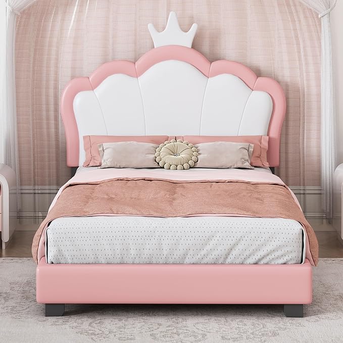 Twin Size Princess Bed Frame with Crown Shaped Headboard for Kids,Upholstered Platform Bed with Slats Support,Twin Girls Bed,Twin Bed for Girls Teens,Pink