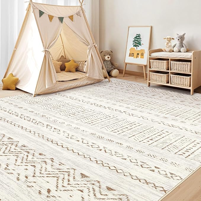 Area Rugs for Living Room Washable Living Room Rug Soft Neutral Indoor Floor Carpet Non-Slip Stain Resistant Modern Boho Rugs for Bedroom Dining Room Kids Room Nursery Office Home Brown/Cream