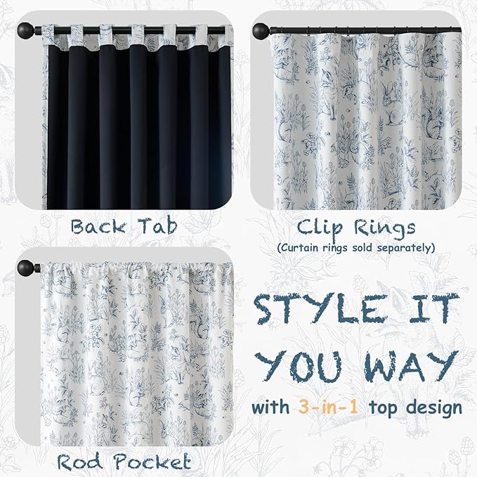 jinchan 95% Blackout Nursery Curtains 63 Inches Long, Bunny Woodland Toile Curtains Blue on Beige Animal Printed Drapes for Bedroom Rod Pocket Thermal Insulated Farmhouse Window Treatment 2 Panels