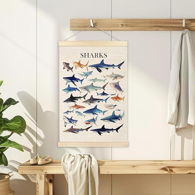 Ecezatik Watercolor Sharks Wall Art with Wooden Poster Hanger, Shark Posters, Beach Room Decor, Ocean Room Decor, Shark Wall Art Decor for for Classroom Nursery Kids Room Playroom, 16x24 Inch