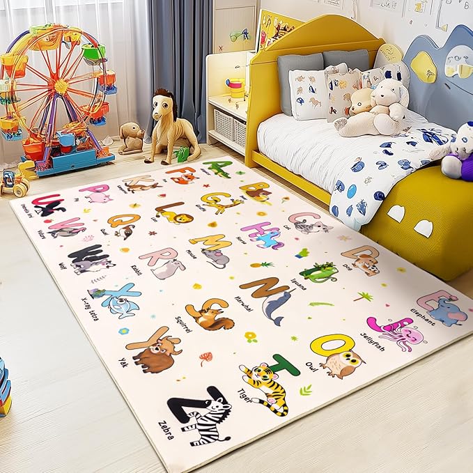 Kids Rugs for Playroom, 4x5 Feet Educational Rug for Learn The ABC Alphabet, Soft Machine Washable Non-Slip Cute Cartoon Animals Carpet for Classroom Toddler Nursery Kids Room Decor, Beige
