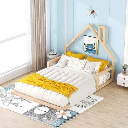 Full Size Wood Floor Bed with House-shaped Headboard and a Chimney,Bedroom Simple Modern Bed Frame W/ Playful Design & No Box Spring Required,for Kids Teens Girls Boys,Natural