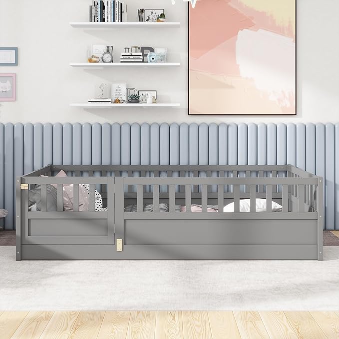 Ball & Cast Twin Size Montessori Floor Bed with Baffle Design & Open Door,Toddler Floor Bed Frame W/Fence and High Guardrails,Wooden Playhosue Bed for Girls and Boys,No Box Spring Needed,Grey