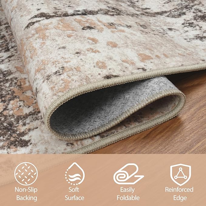 Runner Rug for Hallways Kitchen 2'6"x8' Washable Non Slip: Carpet Non Skid 8ft Entryway Rubber Backed 8 Feet Neutral Abstract Modern Rug Low Pile Pet Friendly Indoor Brown Beige