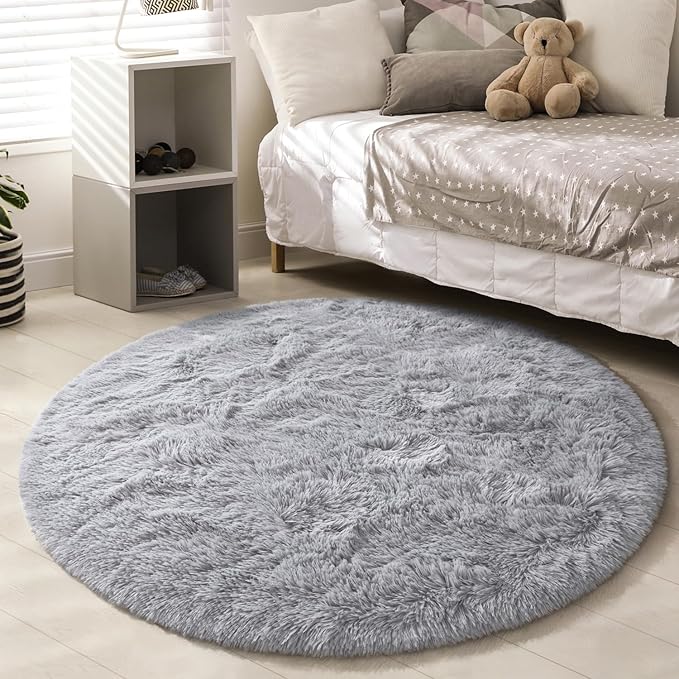 EVOIONOS Grey Round Rug for Bedroom, 5x5 Ft Fluffy Soft Circle Area Rugs for Living Room, Plush Shaggy Circular Carpet for Indoor Floor Bedside Kids Nursery, Machine-Washable Home Decor Aesthetic
