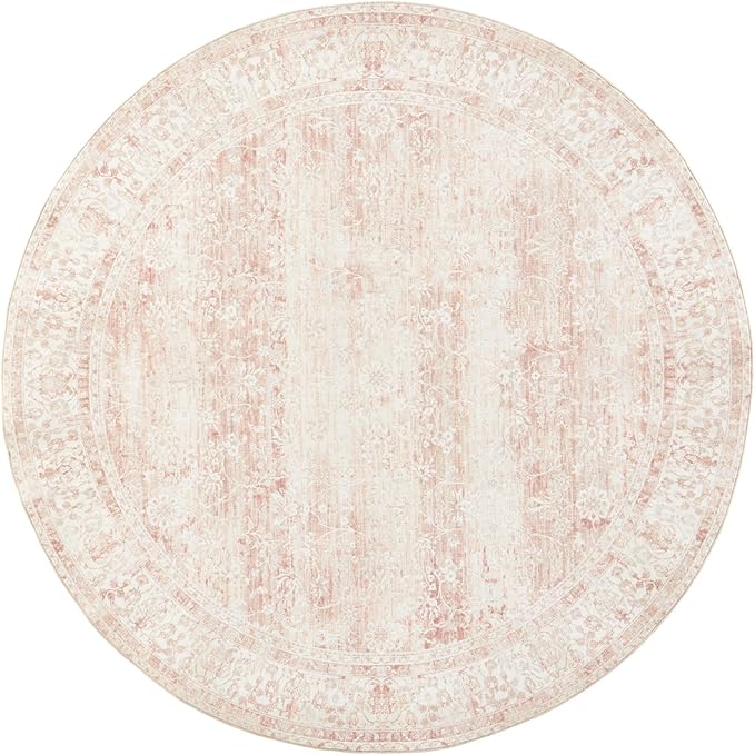 7' Round Kitchen Living Room Bedroom Dining Room Vintage Rug Indoor Floor Cover Floral Print Blush Pink Circle Rug