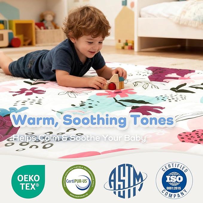 1.5" Thicker Baby Play Mat for Floor, 50x50 Removable & Machine Washable Cover Playpen Mat Softness Foam Mats, Easy-Clean Hygienic, Comfort Safety Kids Crawling Living Room (Floral)