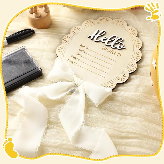 Baby Announcement Sign 7 Inch Double Sided Wooden Hello World Newborn Engraved Sign with Organza Bag Marker Pen Ink Pad Ribbon Bow for Baby Shower Hand Footprints Photo Prop (White Bow)