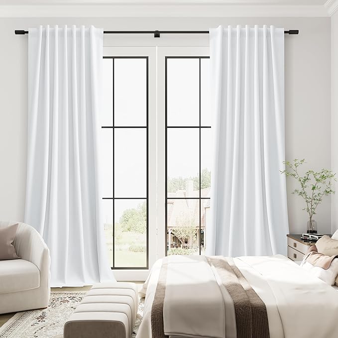 Guken White Linen 100% Blackout Bedroom Curtains 96 Inches Long 2 Panel Sets Hook Belt Back Tab Linen Textured Room Darkening Heat Blocking Soundproof Curtain for Living Room Patio Door 52x96 8Ft