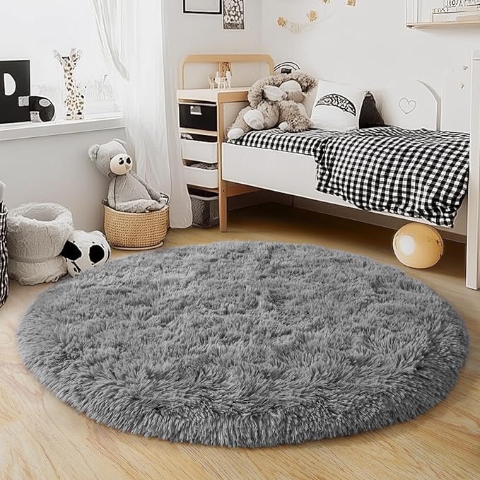5'x5' Grey Round Rug for Bedroom, Ultra Soft Fluffy Circle Rug for Kids Girls Boys Room, Cute Shag Rugs for Living Room Playroom Teen Room Home Decor Rug