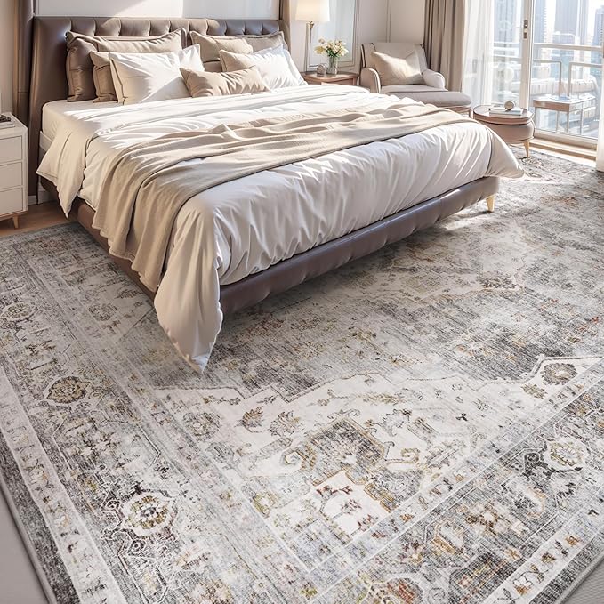 AMOAMI-Area Rug 5X7 Rugs for Living Room-Vintage Soft Grey Rugs for Bedroom-Non Slip Carpet-Machine Washable Rug for Dining Room Living Room Bedroom Office Under Table