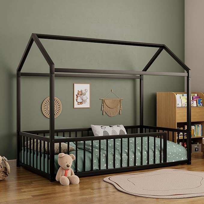 Twin Size Metal Floor Bed Frame,House Shaped Bed with Fence for Kids and Toddlers,Easy Assemble,No Slats,Black