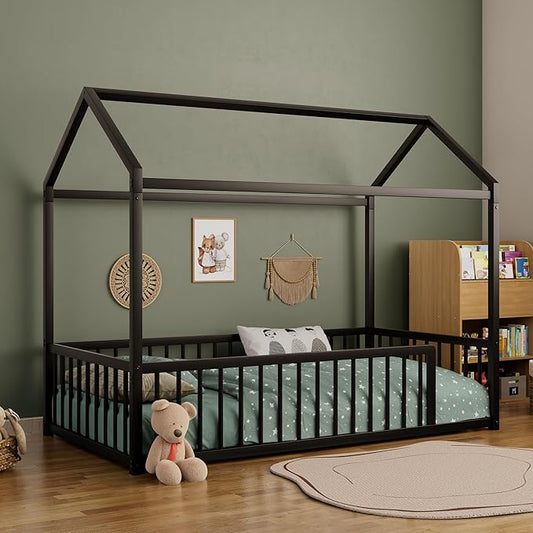 Twin Size Metal Floor Bed Frame,House Shaped Bed with Fence for Kids and Toddlers,Easy Assemble,No Slats,Black