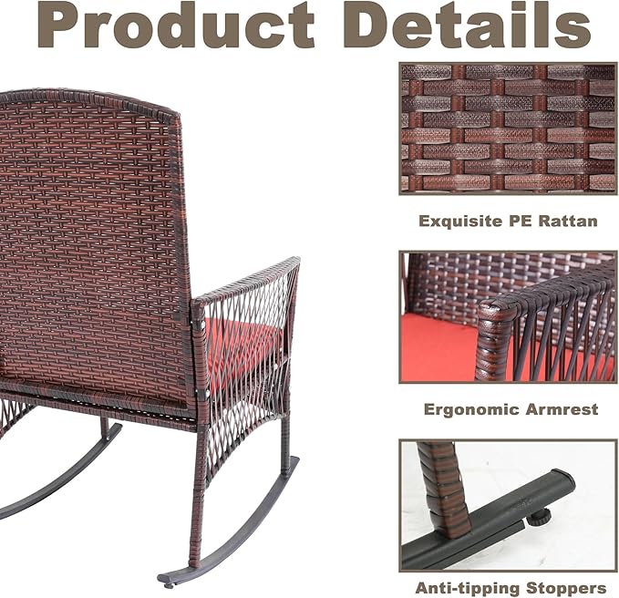 DECMICO Outdoor Rattan Wicker Rocking Chair 3 Pieces Patio Conversation Furniture Bistro Sets with Side Table and Cushions for Porch Garden and Balcony