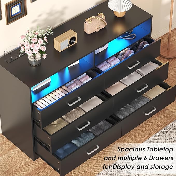 Bigbiglife Dresser for Bedroom, 6 Drawer Dresser with Charging Station and Led Light, Modern Chest of Drawers for Bedroom, Living Room,Black