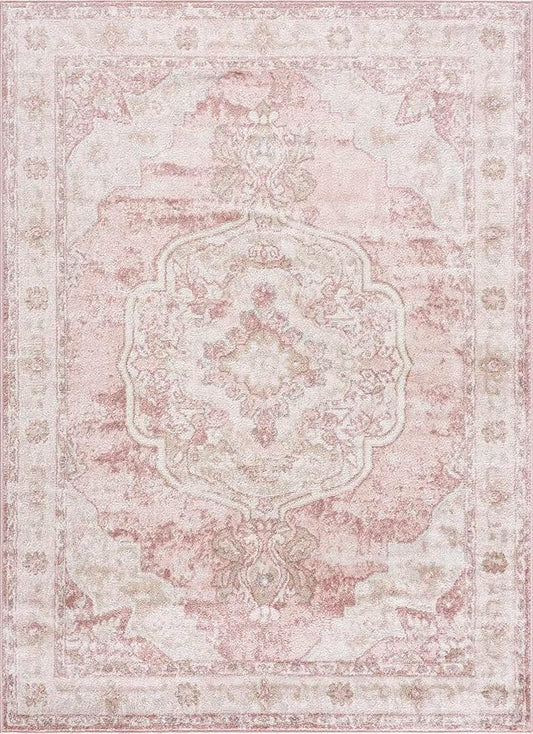 BoutiqueRugs Blush & Light Pink Collection Kandos Bohemian Oriental Medallion Area Rug - Traditional Floral Carpet for Living Room, Bedroom - Blush, Dusty Pink, Cream - 3'11" x 5'7"