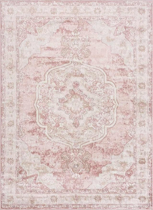 BoutiqueRugs Blush & Light Pink Collection Kandos Bohemian Oriental Medallion Area Rug - Traditional Floral Carpet for Living Room, Bedroom - Blush, Dusty Pink, Cream - 6'7" x 9'2" (6x9 Area Rug)