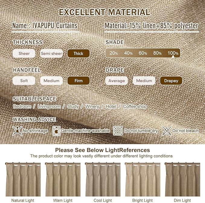 IVAPUPU Sand Pinch Pleated Full Blackout Linen Curtains for Bedroom, Black Out Curtains 95 Inches Long for Living Room Darkening Thermal Insulated Neutral Pleat Drapes with 16 Hooks, 2 Panels